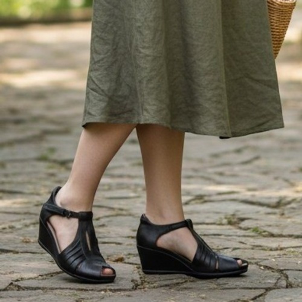 Earth Primrose Women Wedge Sandal Size 9 Comfort Walking Black Leather T-Strap